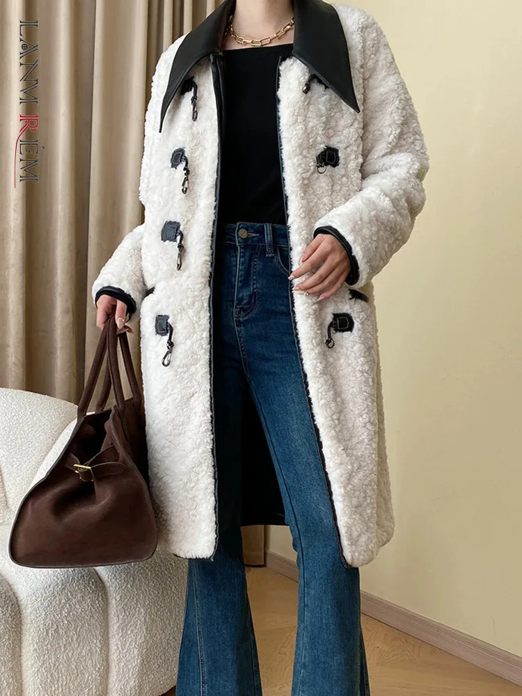 

LANMREM Winter Lamb Fur Mid Length Coat Women Contrast Color Leather Lapel Single Breasted Coat Fashion 2023 New 2AA3573