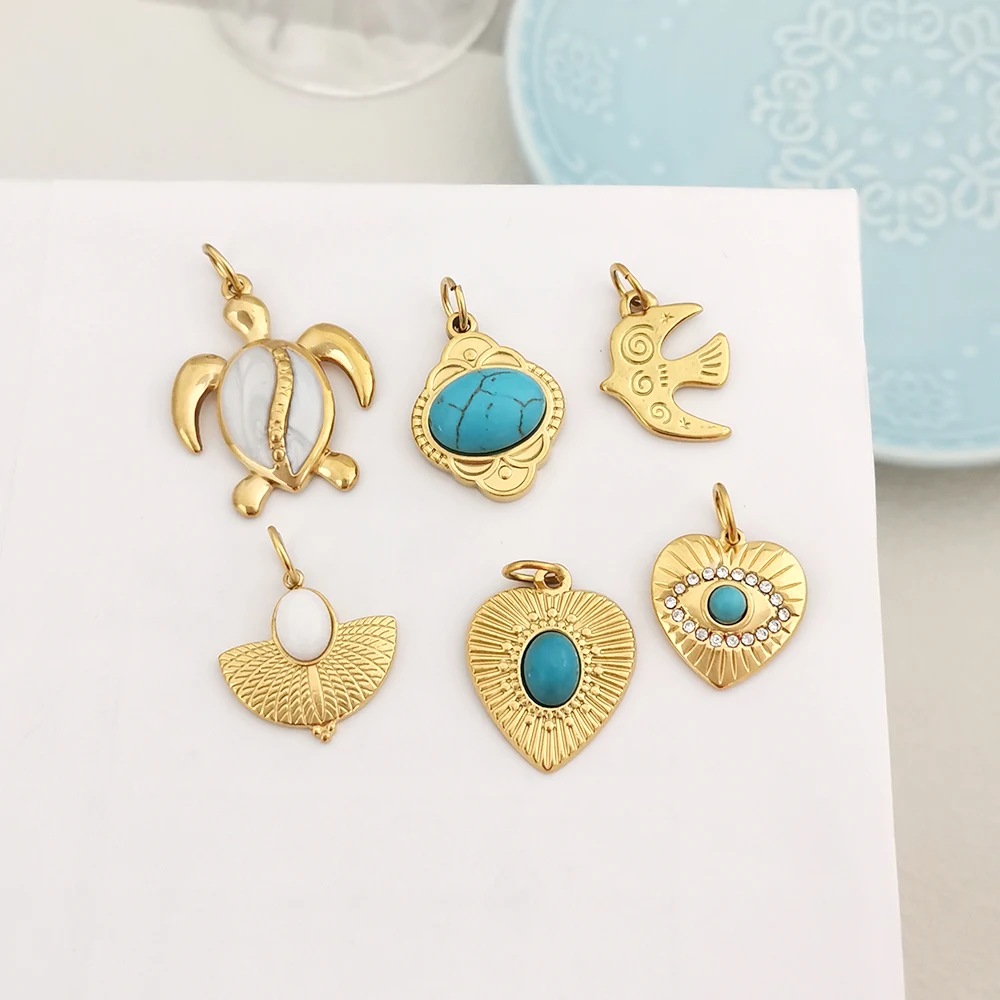 1 Stück Edelstahl-Anhänger Charm Koralle Schildkröte Natürlicher Blauer Stein Stern Herz Schleife Vogel Goldfarben Maßgefertigte Halskette Großhandel – Detail 3