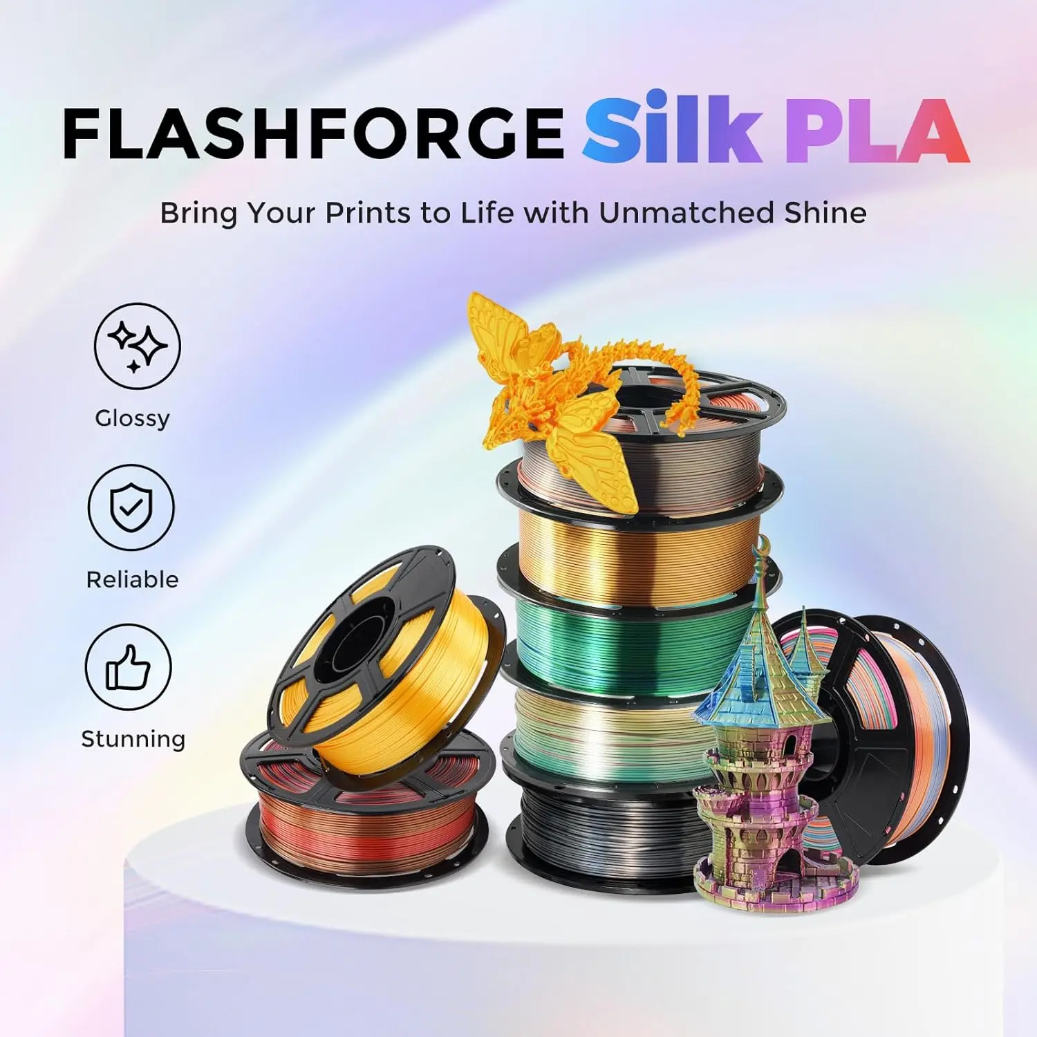 플래시포지 실크 PLA 필라멘트 1.75mm, 3D 프린터 필라멘트 1kg (2.2lbs) 스풀, 부드럽고 매끄러운 질감의 3D 프린팅 필라멘트
