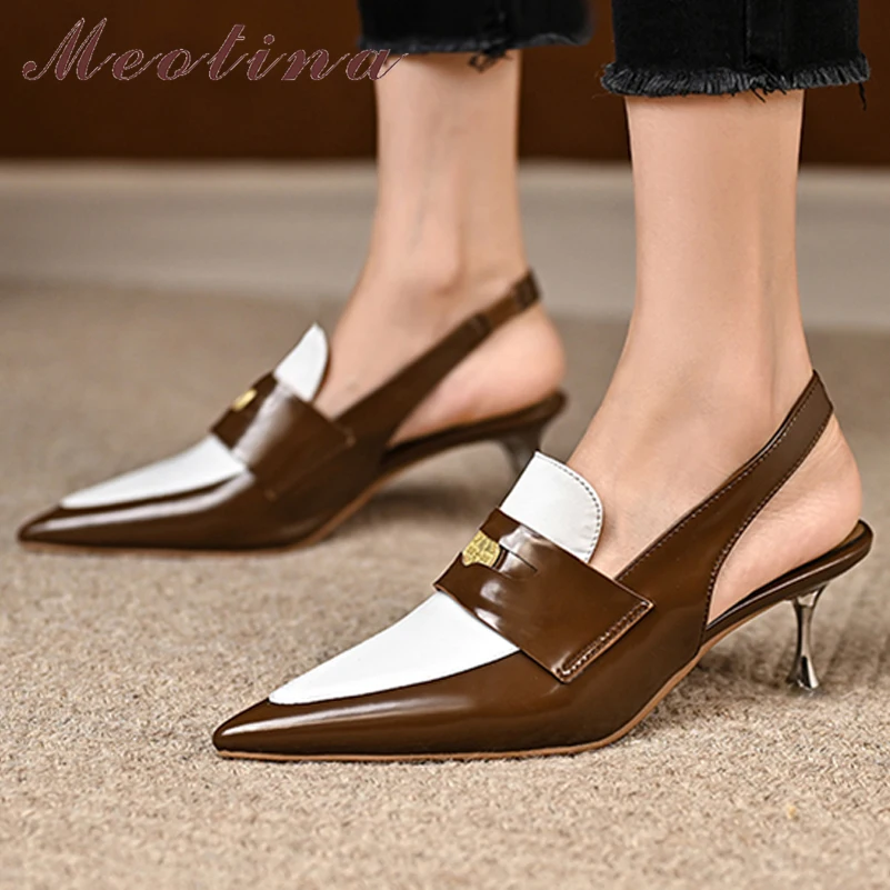 

Meotina Women Genuine Leather Pointed Toe Slingbacks High Heels Ladies Strange Style Mixed Colors Pumps Autumn Spring Shoes 46