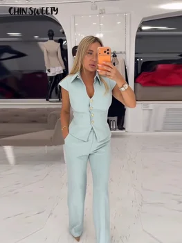 Elegant Women’s Sleeveless Top & Straight Pants Suit Set 1