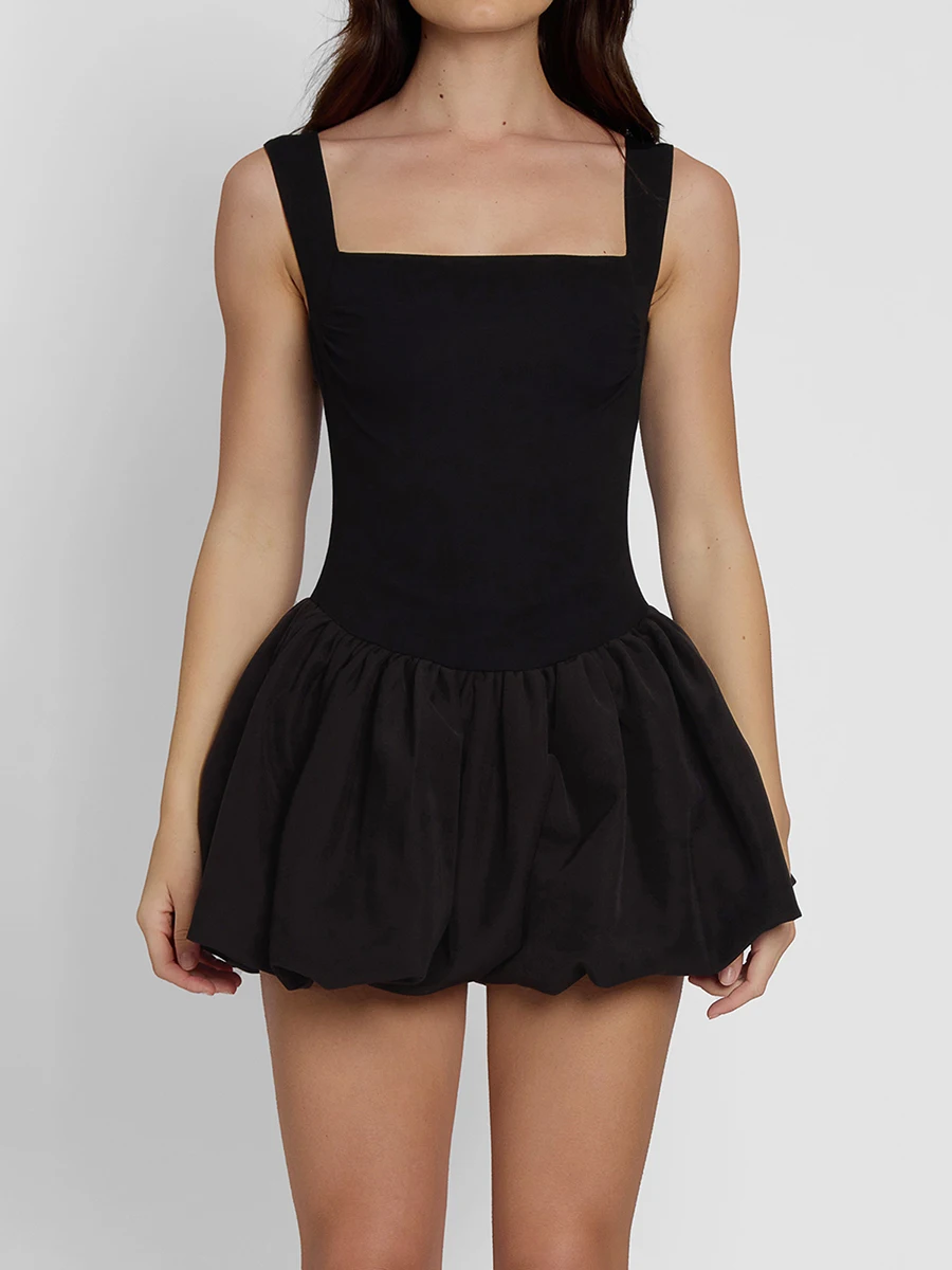 

Women'S Black Tank Top Slim Fit Dress Sleeveless Square Neck Pleated Solid Color A-Line Dress Summer Mini Birthday Party Dress