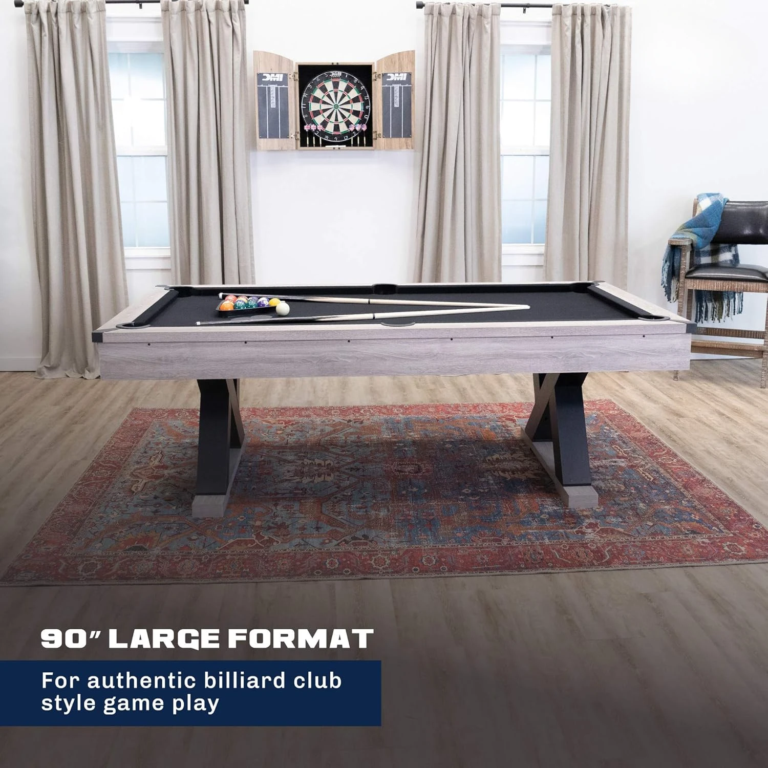Kirkwood 90&rdquo; Billiard Table with Rustic Finish, K-Shaped Legs and Black Cloth, Brown