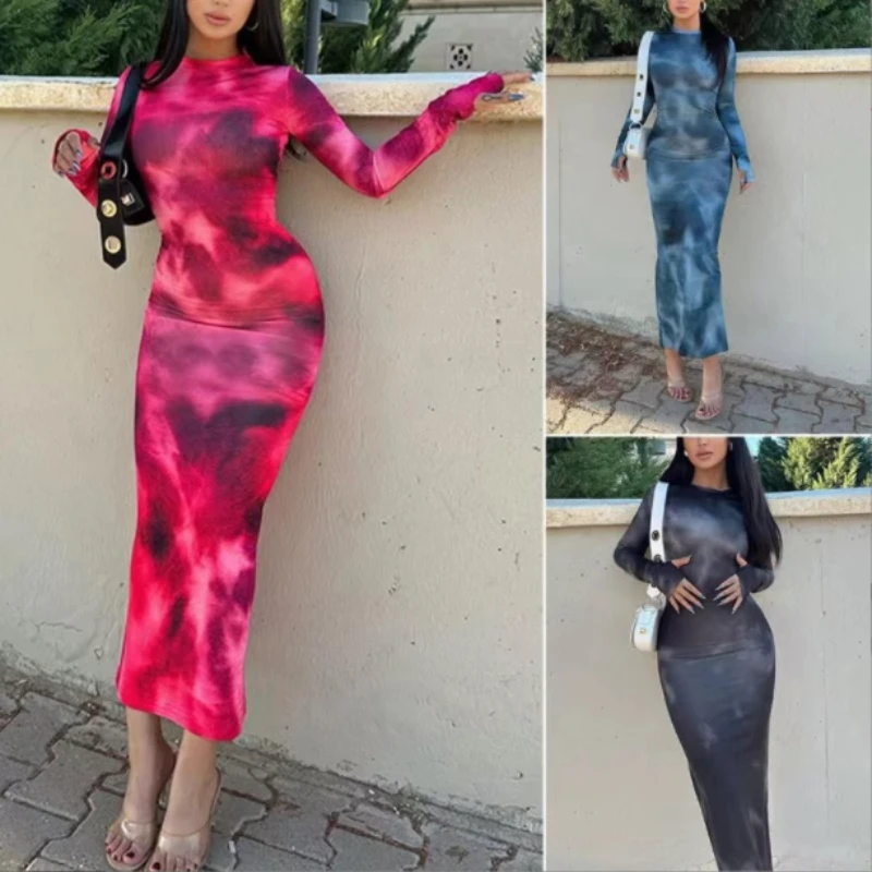 Spring and Summer New Women's Crew Neck Pullover Long-sleeved Dress Fashionable Tie-dye Tight Dress Street Spice Girl Long Dress