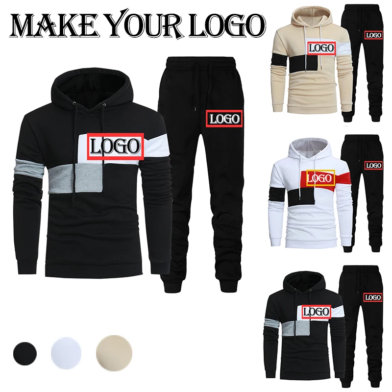 

Custom Logo Brand Men Tracksuit 2 Pieces Sets Spring Autumn Patchwork Hoodies+Jogger Pants Casual Fashion Sports Suit Clothing