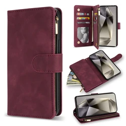 Leather Multi - Card Zipper Wallet with Kickstand and Magnetic Flip Case for Galaxy S24 (Wine red)