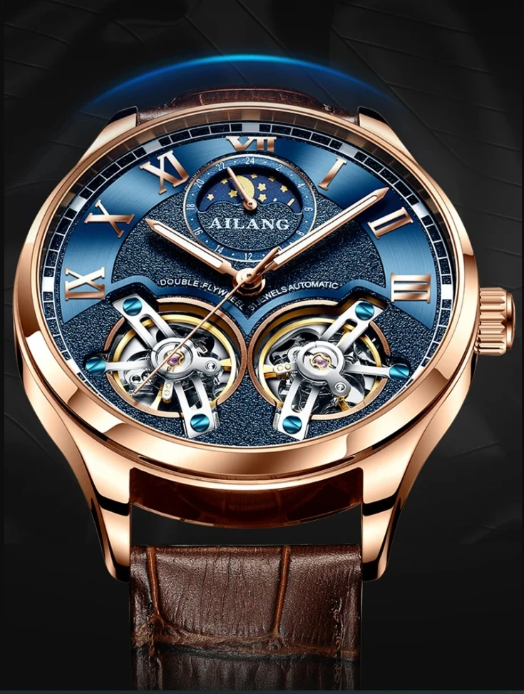 AILANG 8822 Herren Automatikuhr mit Doppel-Tourbillon, Skelett-Zifferblatt, Leuchtfunktion, wasserdicht, luxuriöse Business-Armbanduhr für Herren – Detail 11