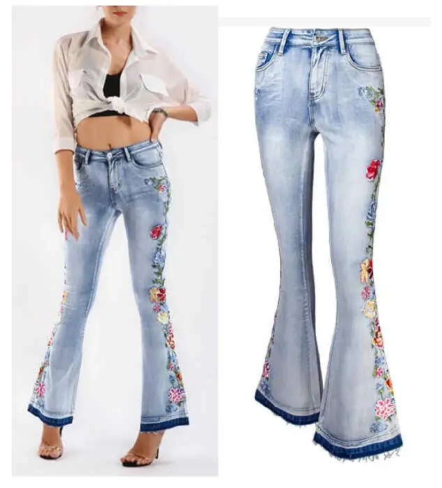 

Female Flared Pants Embroidered Floral Jeans High Street Women Denim Trousers