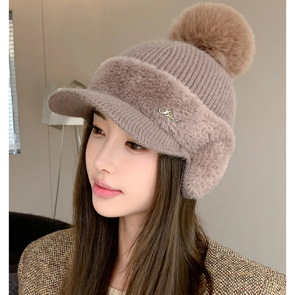Nuovo berretto da baseball invernale in pelliccia di visone con protezione per le orecchie in pelliccia di coniglio per le donne, moda coreana, tinta unita, semplice cappello lavorato a maglia con palline di lana_voghion.com