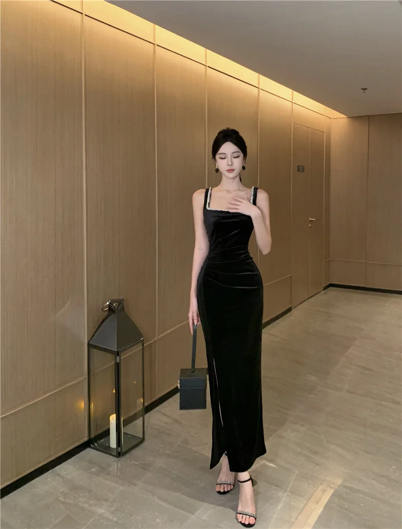Elegant Bodycon Sleeveless Black Velvet Dresses for Women Diamonds High Slit Evening Party Dress Prom Robe One Piece Vestido New