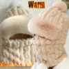 Winter Knitted Hat Scarf Mask One-Piece Plush Pompom Beanies for Women Fleece Lining Warm Bonnet Ears Neck Protection Skiing Cap 1