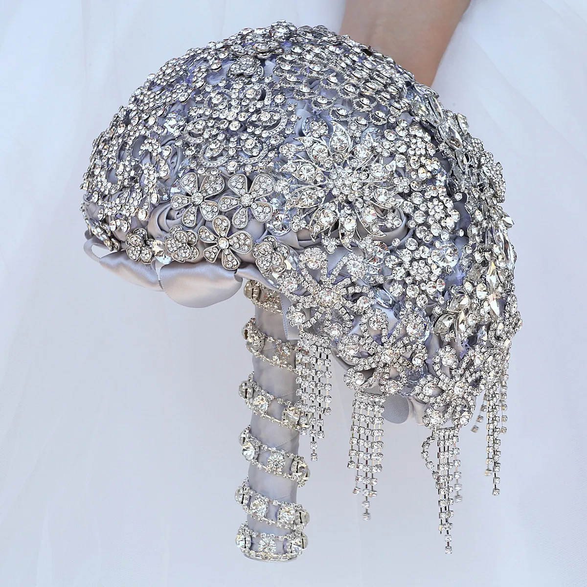 Kyunovia Cascading Teardrop Bouquet Silver Brooch Bouquet Wedding Accessories Jewelry Crystal Cascade FE69