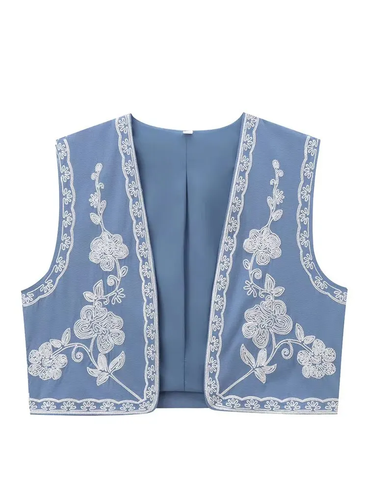 HH Floral Embroidered Short Vest For Woman Fashion Sleeveless Open Stitch Vests Coats Women Casual 2K Vintage Outerwear