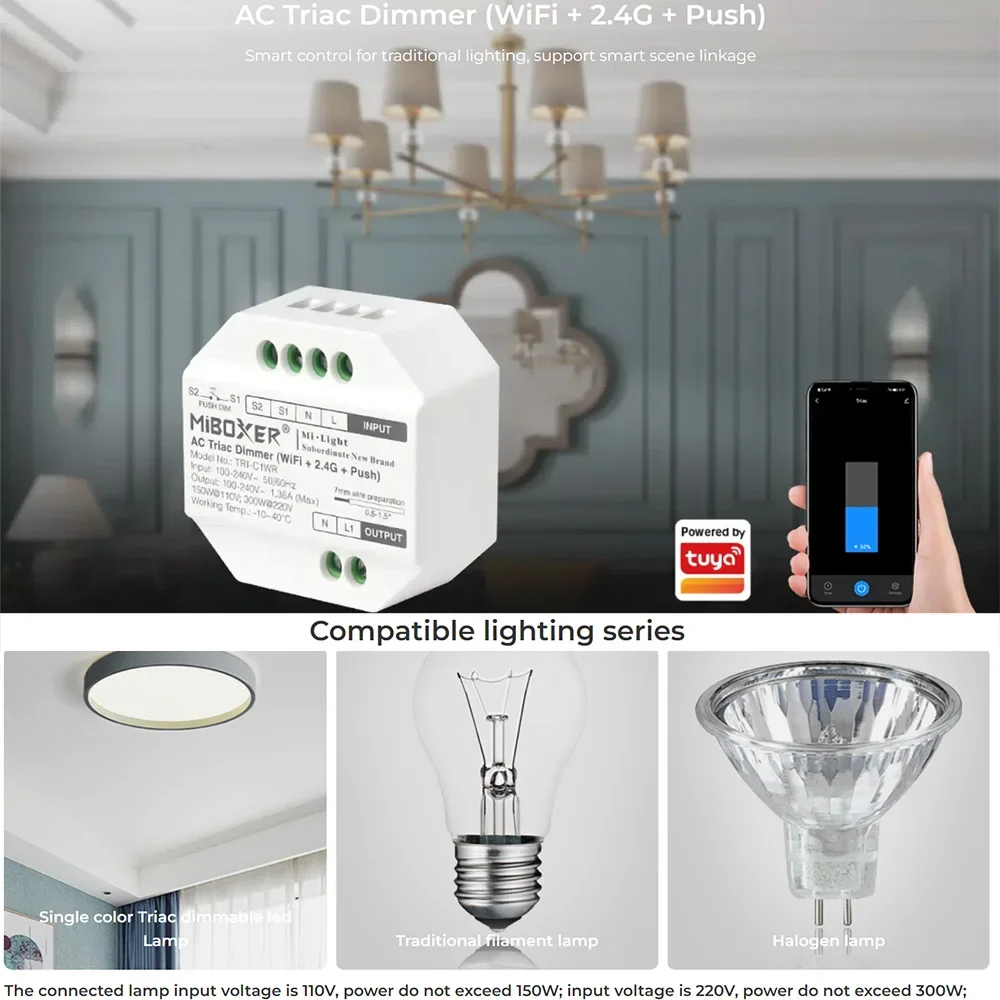 Miboxer Tuya WiFi AC Triac Dimmer 2.4G Push Dimming RF Rotating Panel Remote Voice Control For Alexa Google Home Smart Life APP smart light switch,led dimmer switch,smart dimmer switch,lamp dimmer,power cords dimmer switch