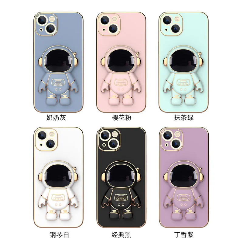 Plating 3D Astronaut Stand Holder Phone Case For iPhone 13 11 12 Pro Max 13Pro XS Max XR X 7 8 Plus 11 Camera Protection Cover iphone 12 pro max leather case