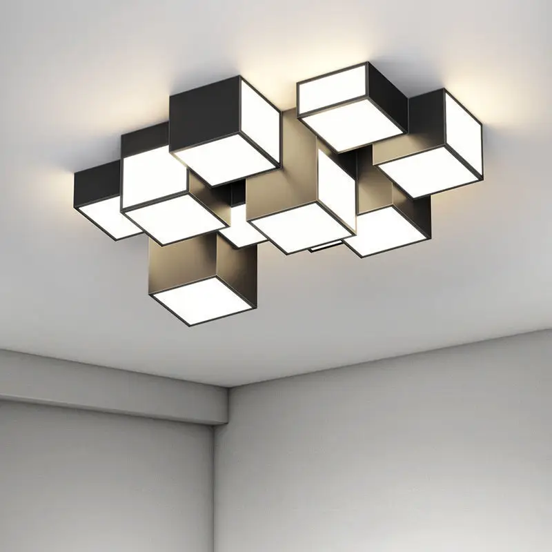 Modern Minimalist Bedroom Black And White Box Light Square Ceiling Lights Iron Combination Living Room LED Chandeliers Lighting