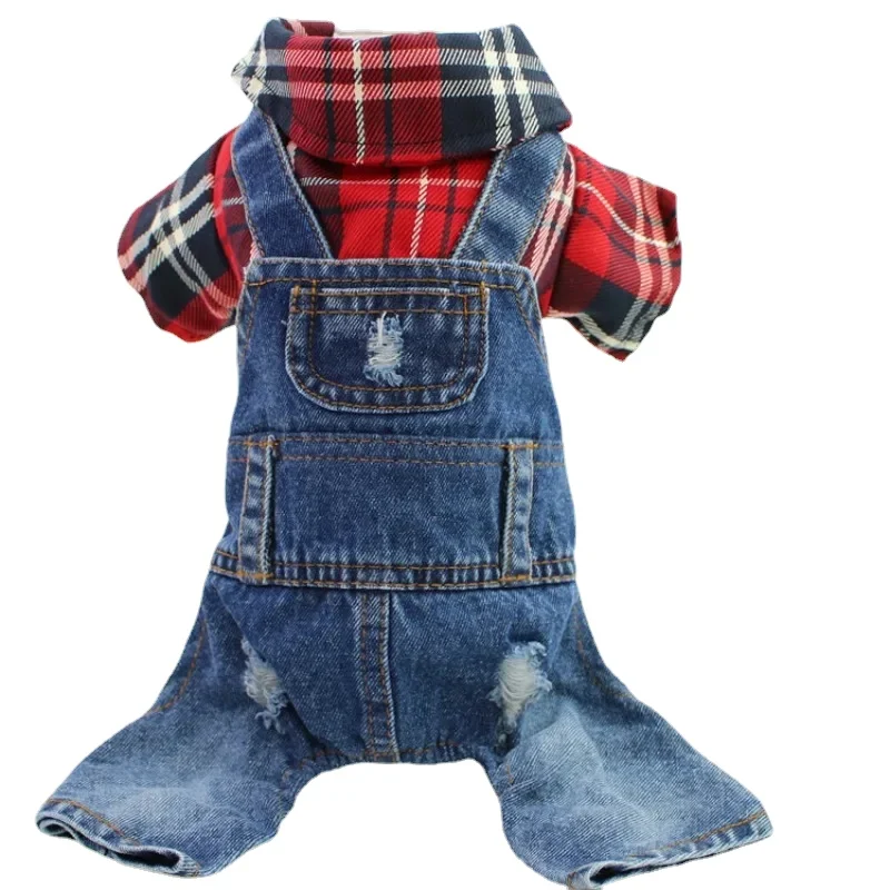 

Pet Clothes Teddy Bichon Dog Four-legged Big Plaid Denim Jumpsuit Spring, Autumn and Winter Clothes New