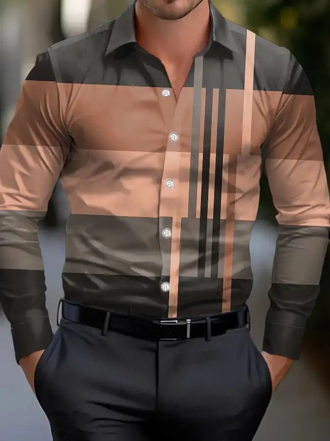 Men's shirt regular lapel shirt men's 3d printed plaid simple striped print casual street long sleeve fashion print shirt 5