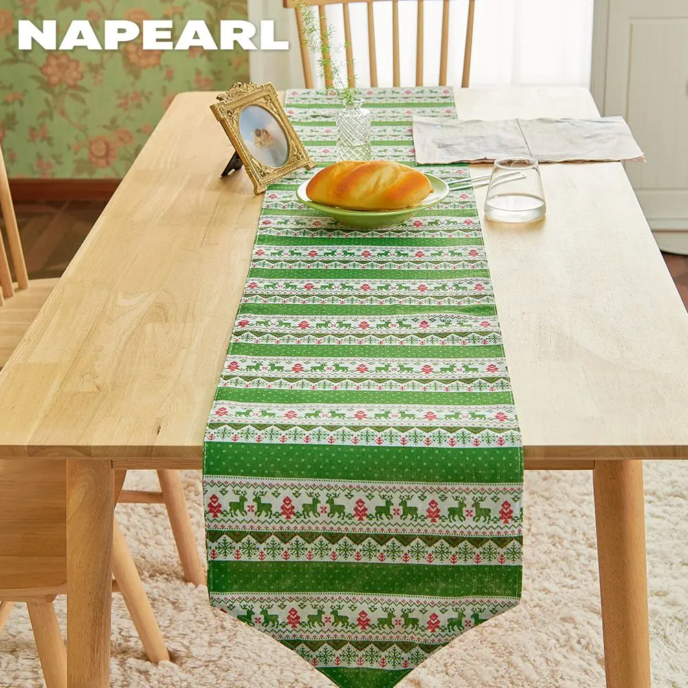 NAPEARL Green Red Christmas Printed Table Cover Dinner Tablecloth Tassel Festival Decor Home Decor 1PC