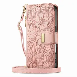 Elegant Leather Zipper Wallet with 6 - Card Slots and Flip Case Cover - Moto G75 5G (Pink Long Strap)