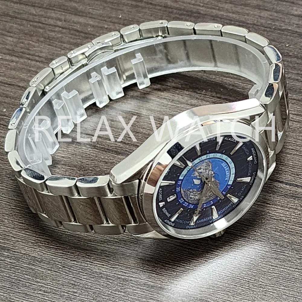 41mm Stainless Steel Watch Worldtimer 6 O'Clock Calendar Glass Back Nh35 Automatic Movement New 150