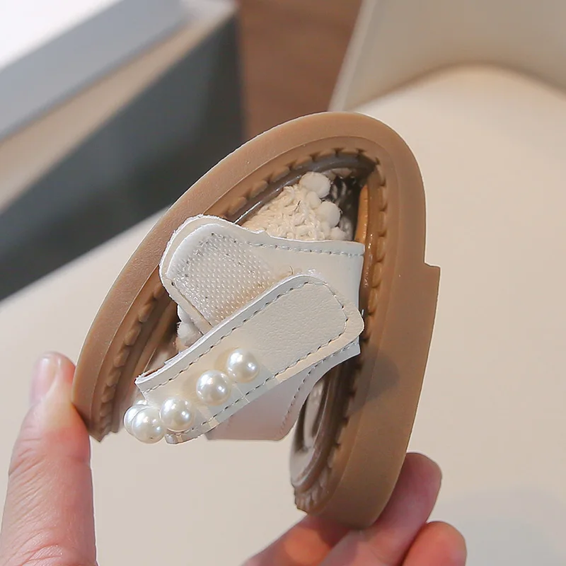 Unishuni Girls Sandals Princess One-Strap Summer Shoes Child Soft Skin-Friendly Cloth Sandal Kids Lace Pearl Bohemia Beach Flats 6