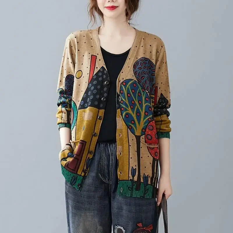 

Long Cardigan Straight DOT Printing Button Pockets Sweaters V-neck Autumn Winter Thick Women's Clothing Street Casual Coat R110