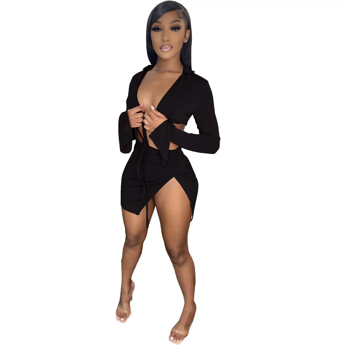 Beach Mini Skirt Set Women 2 Piece Sexy Bandage Flare Sleeve Crop Top + Short Skirt Ladies Swimwear Beach Vacation Outfits