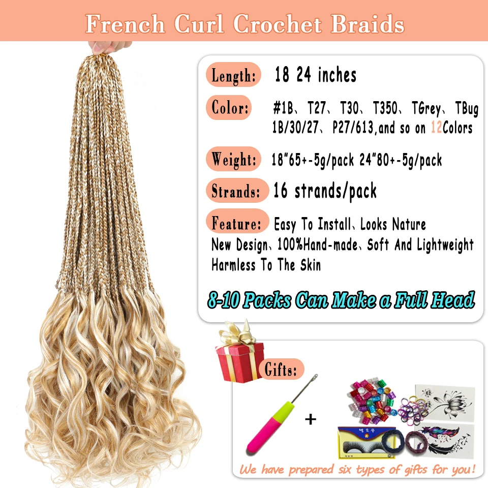 18&rdquo; 24&rdquo; Crochet Box Braids Hair with French Curl Ends Blonde P27/613 Bug Ginger Synthetic Pre Looped French Curls Braiding Hair