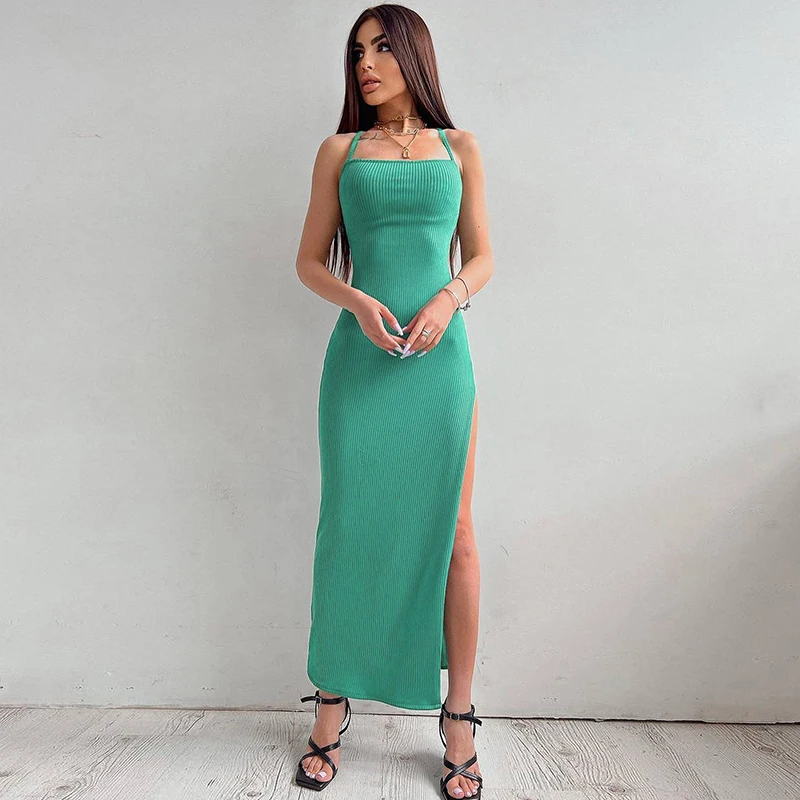S9d225dfcb36f4b508a95da8d4d974757V New Women Backless Bandage Bodycon Dress Summer Sexy Halter Neck Split Party Dresses Ladies Casual Solid Long Robe CC22157PF