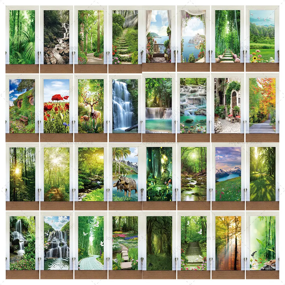 Forest Door Sticker Waterfall Entrance Door Decoration Self-adhesive Poster Wallpaper Vinyl Door Home Decoration on Refrigerator