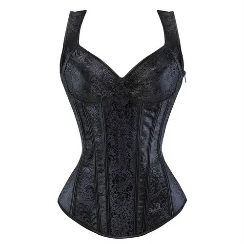 Women Corset with Straps Black Overbust Corset Plus Size Floral Jacquard Corset Zipper Top Gothic Steampunk Corset Bustier - Image 25