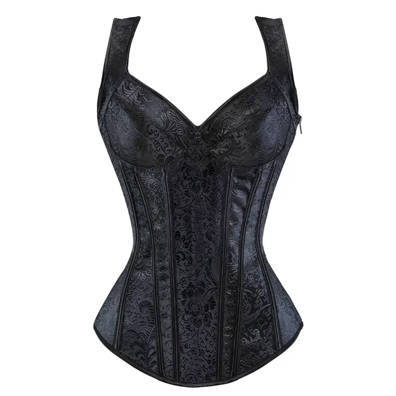 Women Corset with Straps Black Overbust Corset Plus Size Floral Jacquard Corset Zipper Top Gothic Steampunk Corset Bustier - Image 25