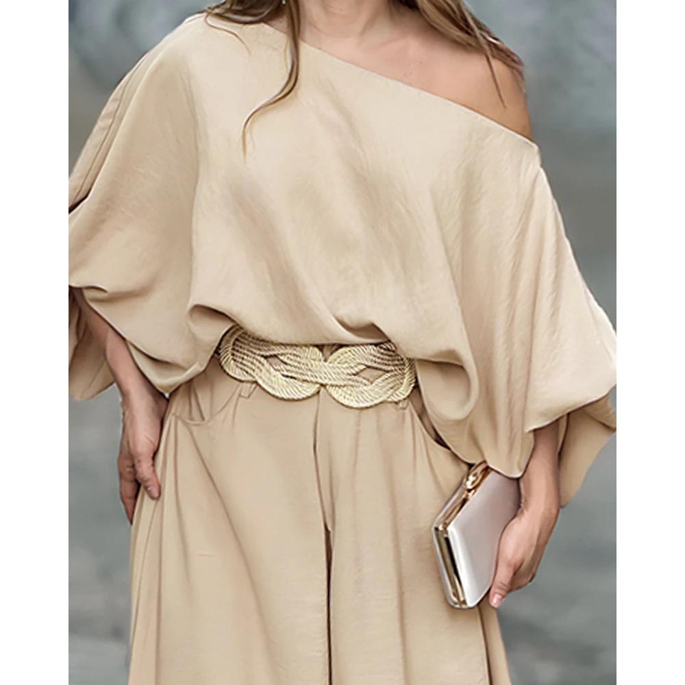 2 Piece Set for Women Skew Neck Long Sleeve Top & Wide Leg Pants Set Ensembles Femme y2k Streetwear Two Pieces Set Women Outfits