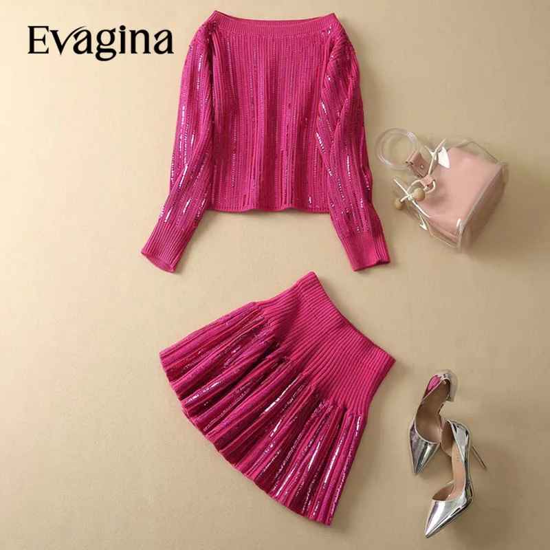 

Evagina New Fashion Runway Designer Women's Long Sleeved Red Sequin Sweater Knitted Top+Mini Skirt 2-Piece Set