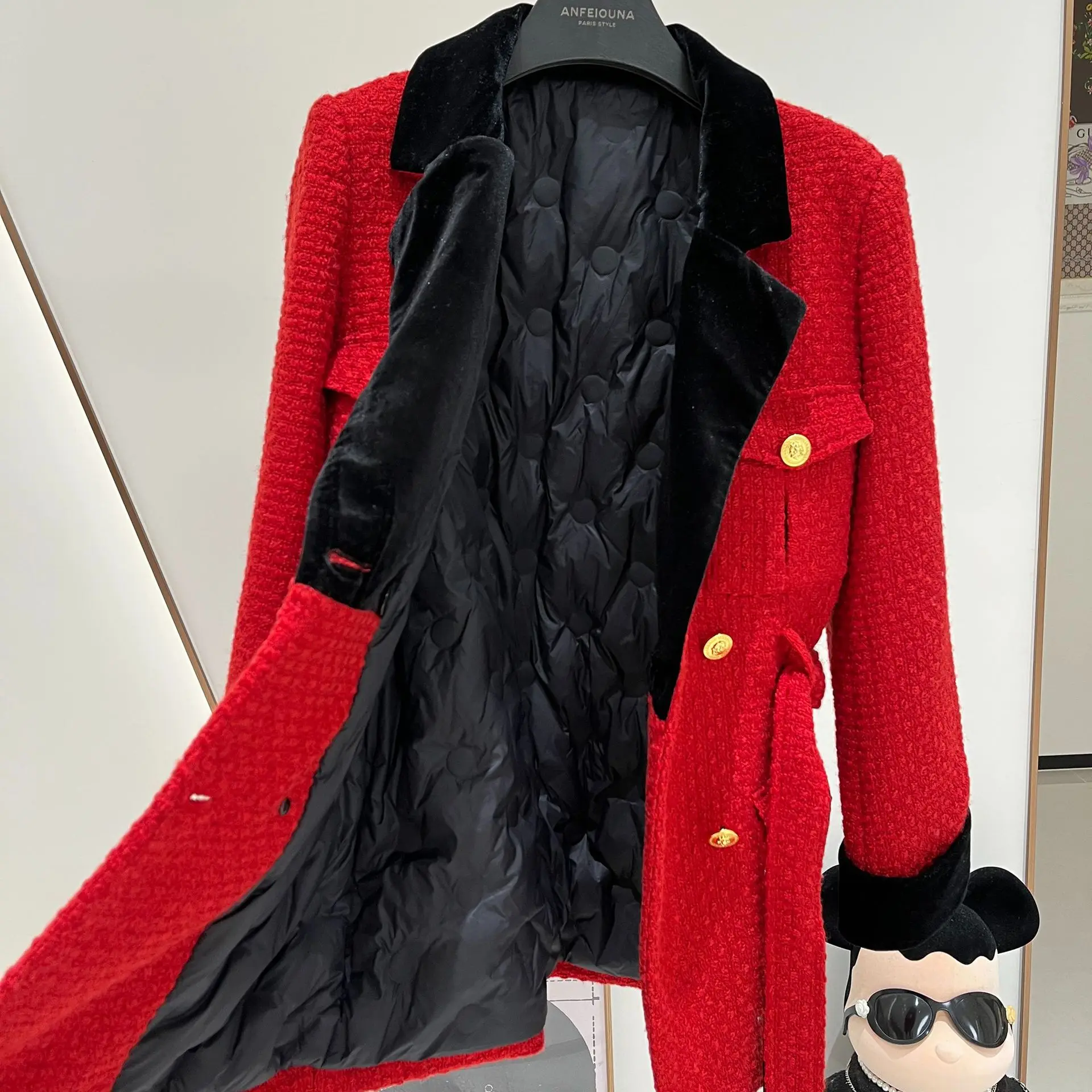 High Quality Luxury Red WInter Coat 2023 Wool Tweed Long Quilted