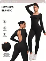 Women Jumpsuits Long Sleeve Sexy Backless Bodycon Rompers Scrunch Butt V Back Playsuit Workout Bodysuit - Image 2