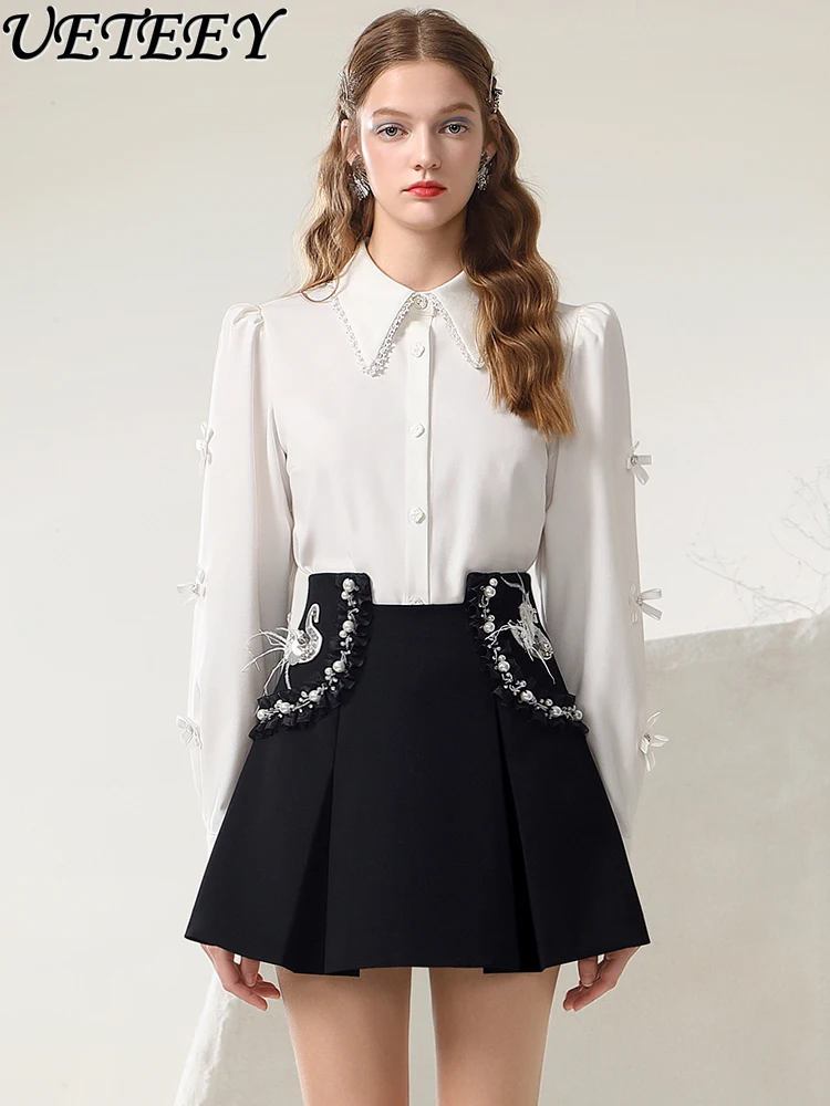 Sweet Skirt Suit Women Blouse Top 2024 Spring Summer New Puff Sleeve White Shirt Slimming Rhinestone Black Skirt Two-Piece Set 2023 autumn new street black wide leg jeans womans fashion gradient rhinestone hot drilling washing heavy work wide leg pants