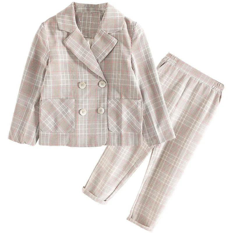 

2022 Girls' Spring Plaid JK Suit Set Children Double Breasted Blazer Pants/skirt 2pcs Outfit Kids Party Performance clothing set