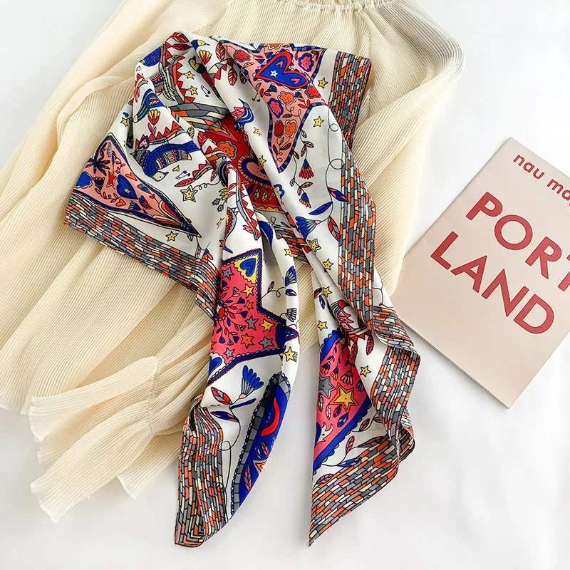 35.43" Geometric Pattern Square Scarf Imitation Silk Satin Shawl Thin Summer Sunscreen Bandana Outdoor Handbag Decoration Scarf 3