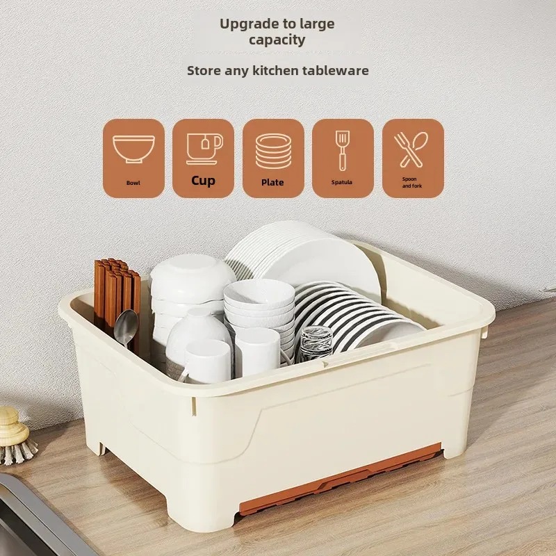 Sealed Tableware Storage Box with Lid Dish Drying Rack Drainage Tray Plastic Kitchen Storage Rack for Plates and Utensils