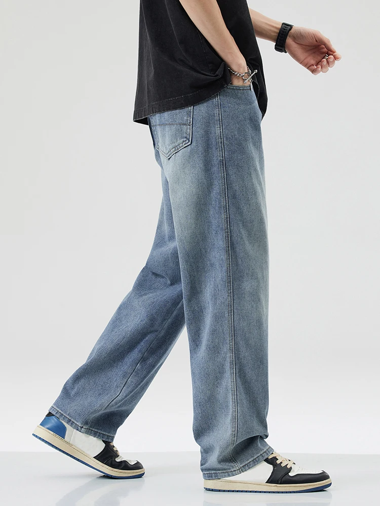 New Men's Cotton Fashion Wide Legs Jeans Y2K Spring Autumn High Street Trendy Casual Baggy Straight Fit Denim Trousers Blue 2