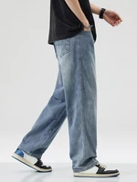New Men's Cotton Fashion Wide Legs Jeans Y2K Spring Autumn High Street Trendy Casual Baggy Straight Fit Denim Trousers Blue 2