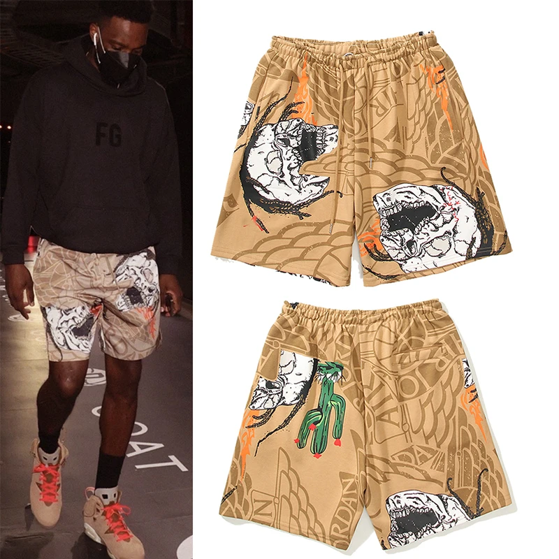 best casual shorts for men Harajuku Travis Scott Skull Cactus Print Casual Shorts High Quality Men Women 1:1 TS Five Pants Men Shorts mens casual shorts