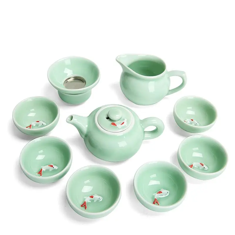 Longquan Celadon fish tea set ceramic teapot kettle ceramic tea cup fish chinese kung fu set drinkware 1pot+6cups tea set