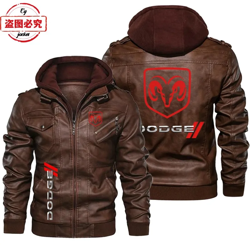 Dodge car logo leather jacket retro washed pu leather jacket windproof men's hooded jacket dodge racing suit team suit 5