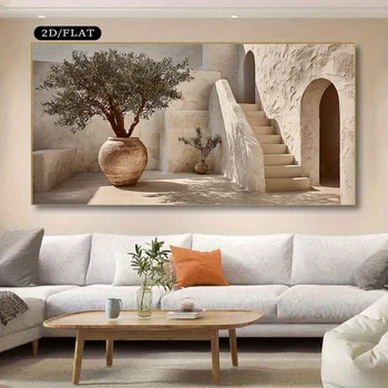 2d piatto, dipinto per la casa dell'artista su tela, per grandi poster murali nei soggiorni, porchesi, oasi nel deserto con alberi d'oliva e scale