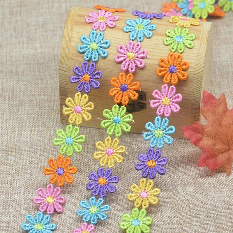 15yards Colorful Daisy Flower Embroidery Lace Butterfly Embroidered Water-Soluble Lace DIY Hat Clothing Decorative Accessories