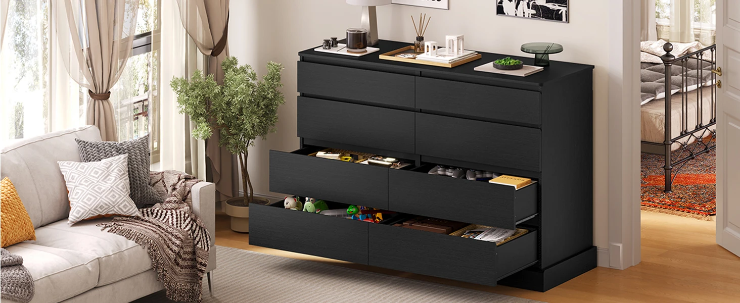 Black Dresser for Bedroom, Long Dresser with 8 Drawers, 51.5''W Wooden Dresser Chest of 8 Drawers, Clothing Storage Cabinet