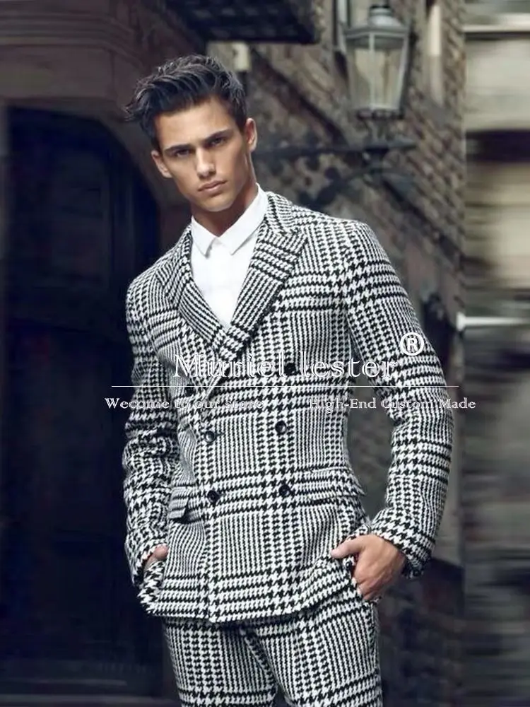 Classsic Houndstooth Business Suits Men Double Breasted Smart Casual Prom Blazers Customized Formal Party Groom Tuxedos 2 Pieces 4
